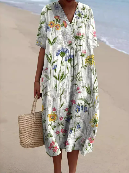 Vibrant floral print midi dress featuring a flattering V-neck and comfy short sleeves for women.