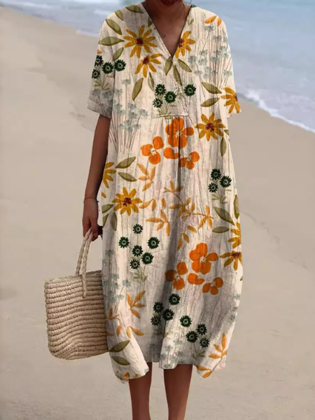 Boho style V-neck floral midi dress with short sleeves, ideal for vacation and casual outings.