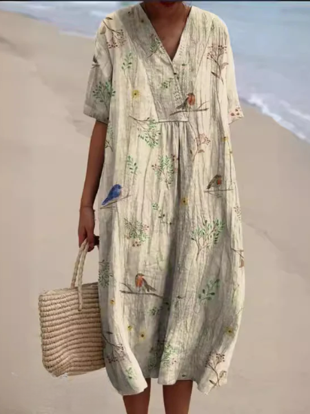 Lightweight summer V-neck floral midi dress with short sleeves, a must-have for warm weather.