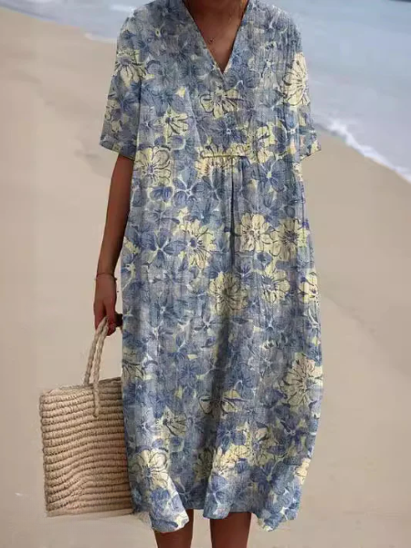 Comfortable women's floral midi dress, designed with a V-neck, short sleeves, and soft fabric.