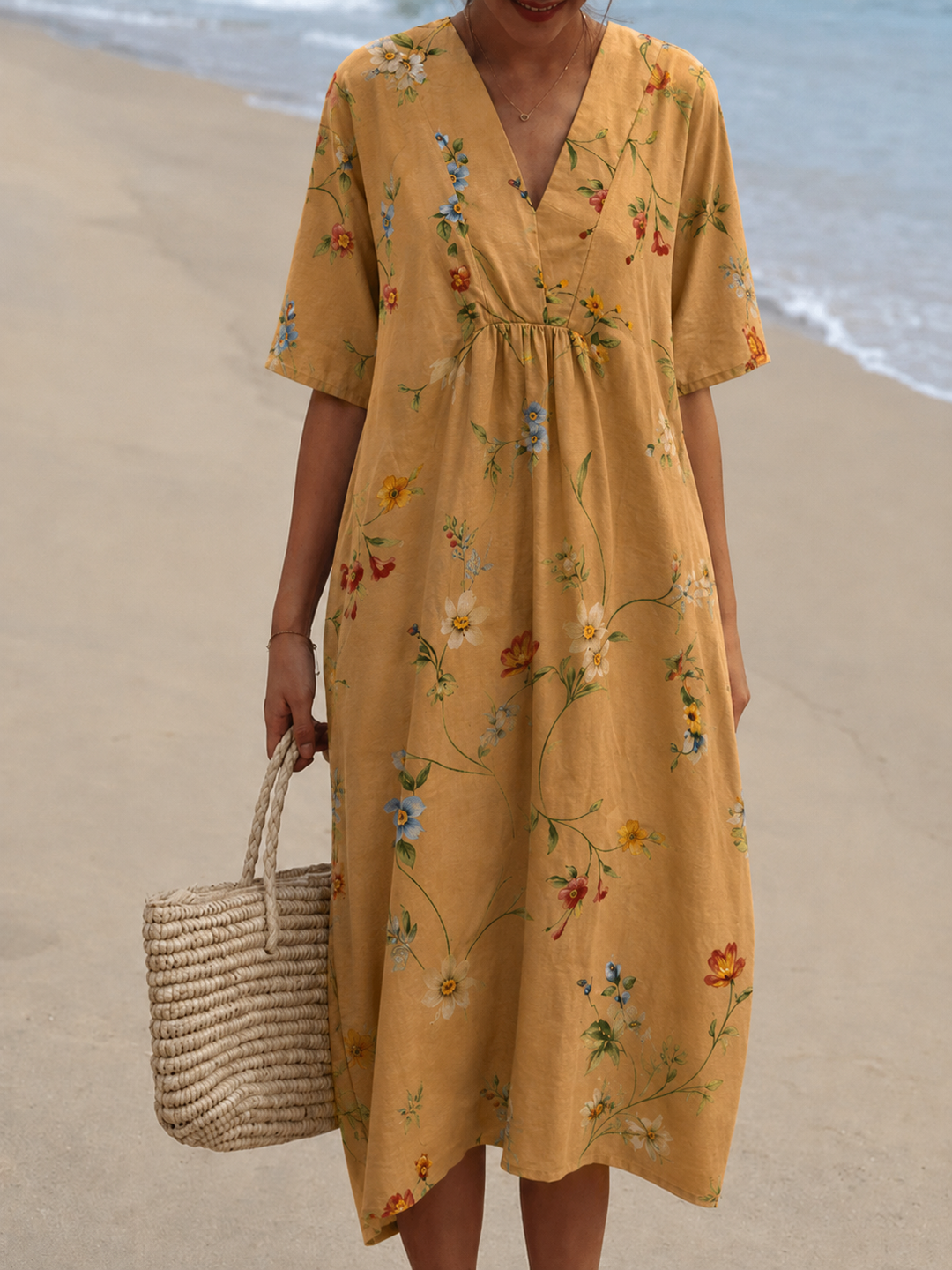 Front view of a stylish women's V-neck short sleeve floral midi dress, perfect for casual summer days.