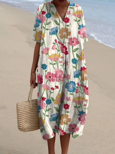 Back view of a flowing women's floral midi dress with short sleeves, showcasing its elegant silhouette.