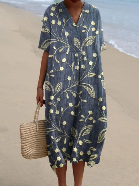 Close-up of the beautiful floral print on a women's V-neck short sleeve midi dress fabric.
