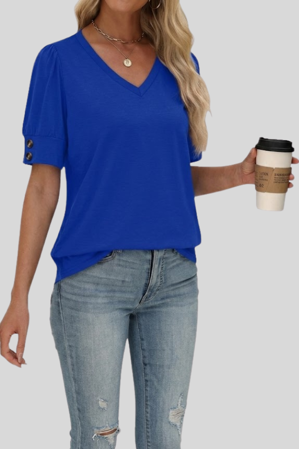 Comfortable women's V-neck top with gathered sleeves, essential for stylish spring fashion.