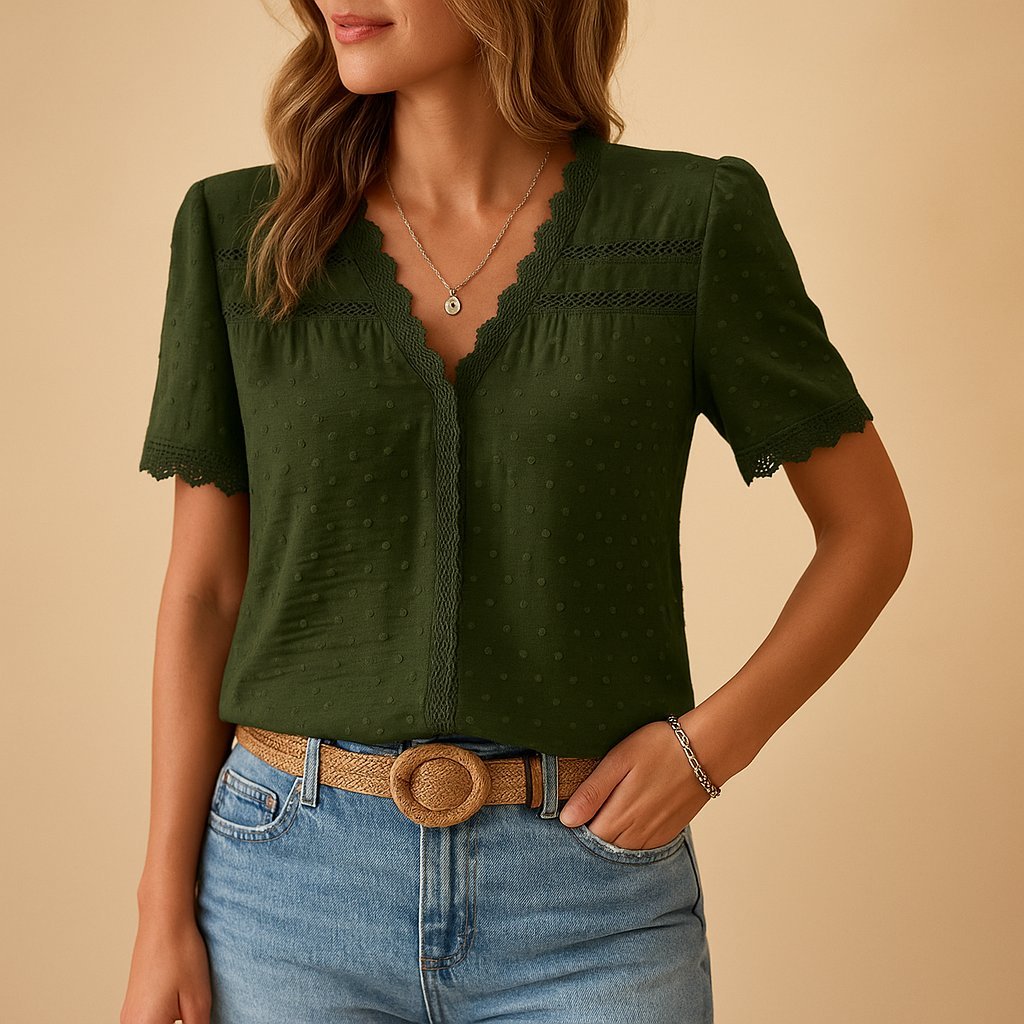 Elegant women's V-neck Swiss dot blouse with lace trim, perfect for spring casual chic.