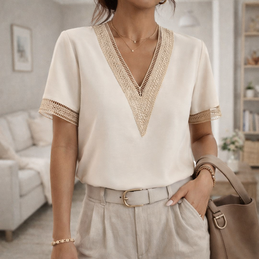 Women's V-neck lace trim top, relaxed fit, short sleeve, perfect for effortless casual style.