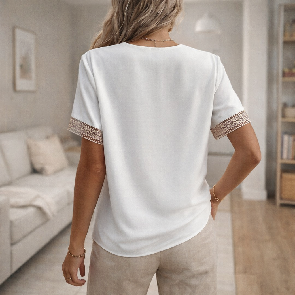 Feminine V-neck short sleeve top for women, featuring exquisite lace trim & a relaxed, comfy fit.