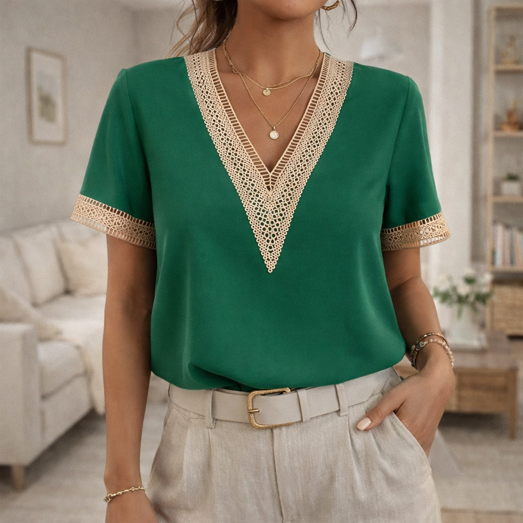 Stylish women's V-neck top with lace trim, designed for effortless spring & summer fashion.