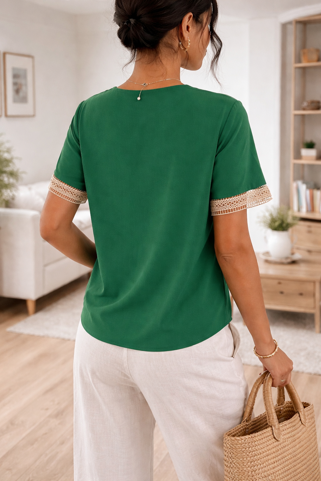 Casual women's V-neck top, short sleeve, with beautiful lace trim. Versatile & comfortable.