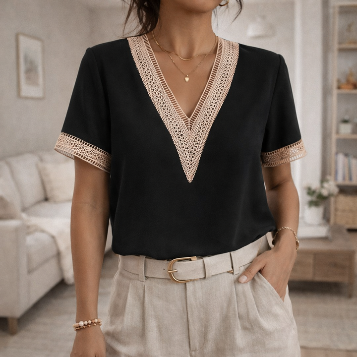 Women's classic V-neck lace trim top, short sleeve, relaxed fit for elegant daily wear.