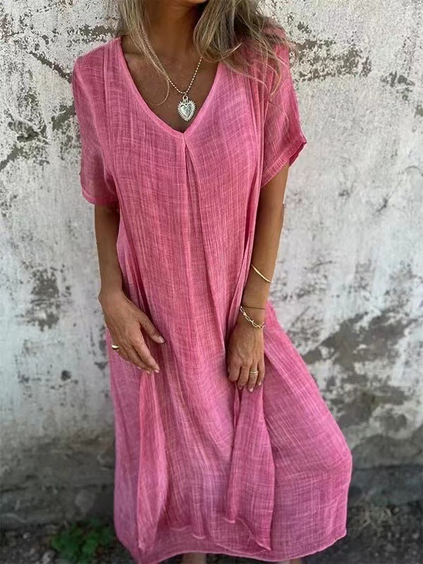 Everyday women's V-neck midi dress, comfortable loose fit and flowy design for summer chic and versatile outfits.