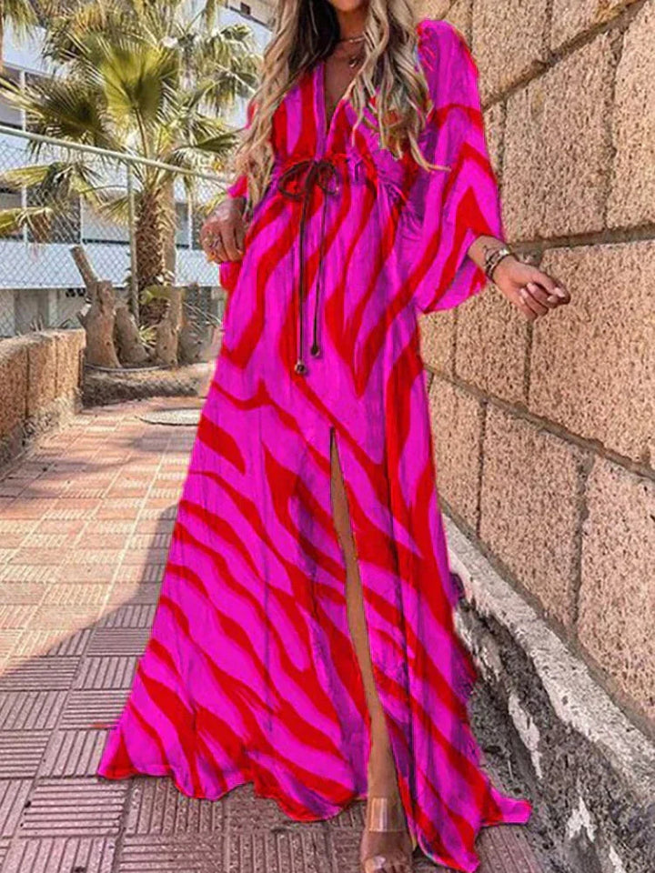 Elegant V-neck maxi dress for women, with comfortable kimono sleeves and a stylish high slit.