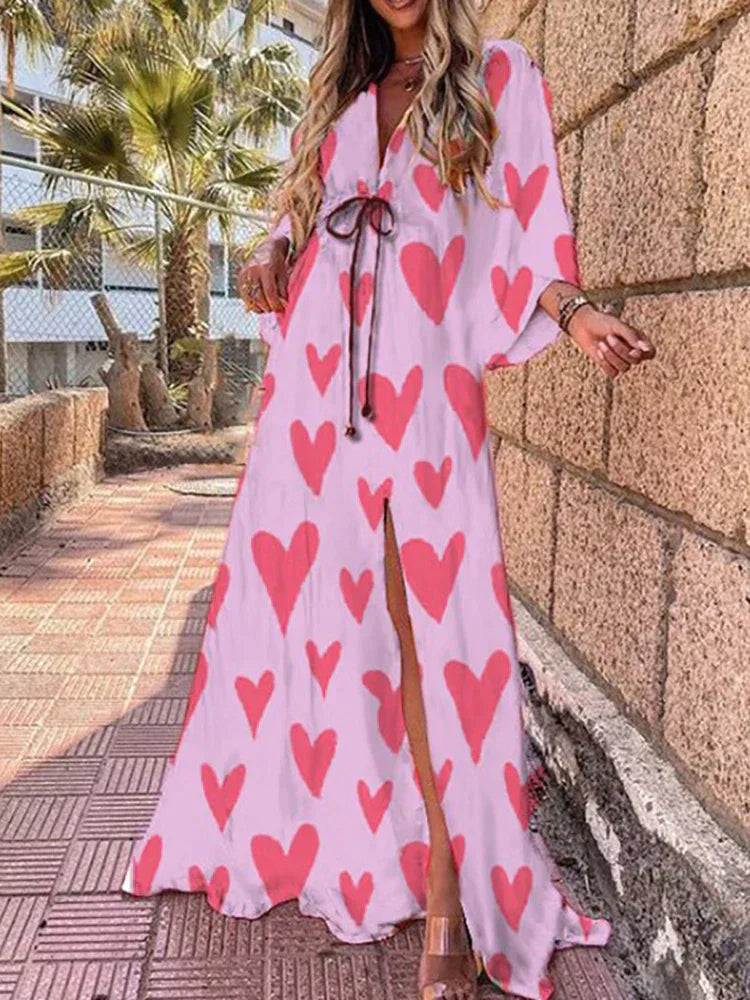 Stunning women's summer maxi dress with V-neck, flowy kimono sleeves & high slit, perfect for beach or evening.