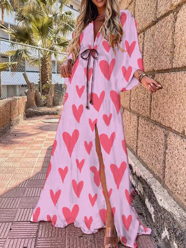 Stunning women's summer maxi dress with V-neck, flowy kimono sleeves & high slit, perfect for beach or evening.