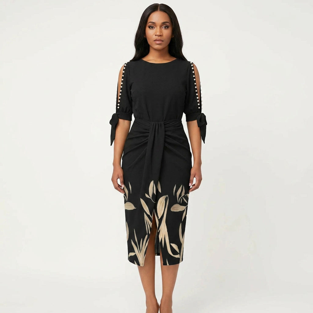 Women's V-neck midi cocktail dress with elegant sleeves, perfect for evening events and formal wear.
