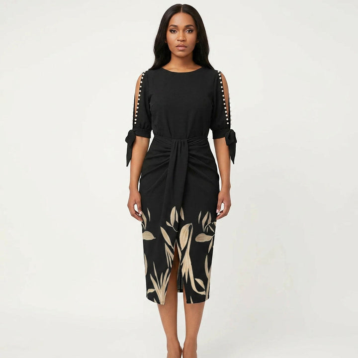 Women's V-neck midi cocktail dress with elegant sleeves, perfect for evening events and formal wear.