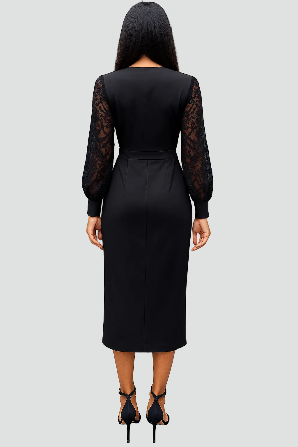 Formal women's V-neck midi dress with elegant sleeves. Ideal as an evening gown or for any cocktail party.