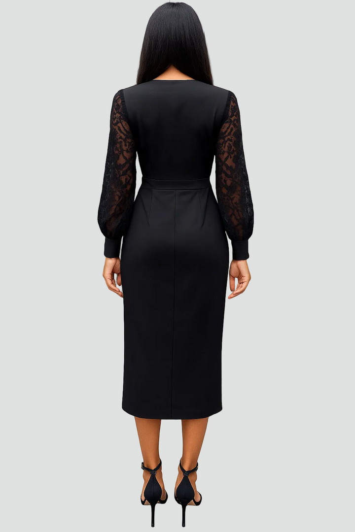 Formal women's V-neck midi dress with elegant sleeves. Ideal as an evening gown or for any cocktail party.
