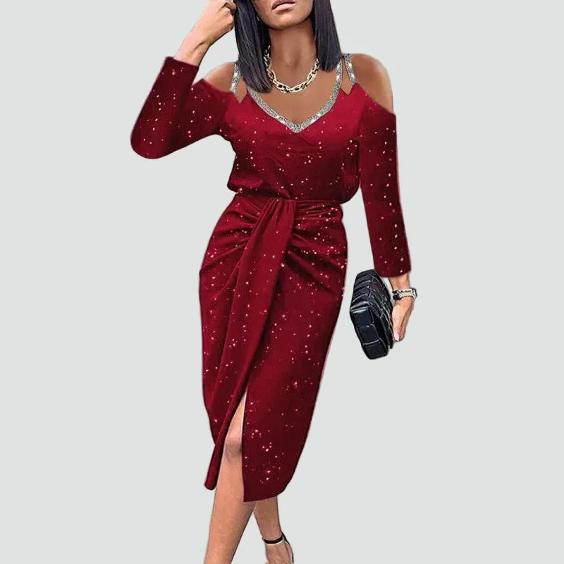 Stunning women's midi dress, perfect as a cocktail or evening gown. Features a V-neck and elegant sleeves.
