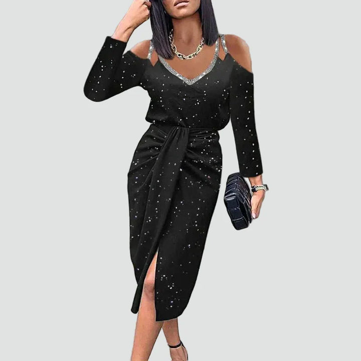 Sophisticated women's V-neck midi dress with elegant sleeves, suitable for cocktail parties & formal events.
