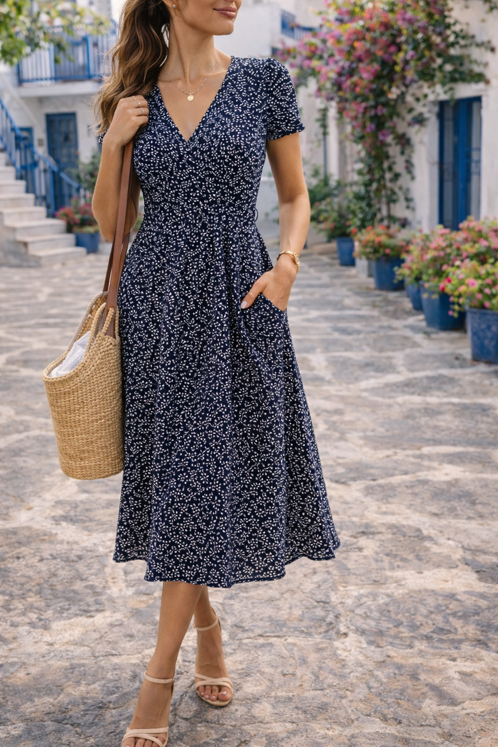 Women's V-neck midi dress, fitted bodice, flowing skirt. Elegant spring/summer casual wear.
