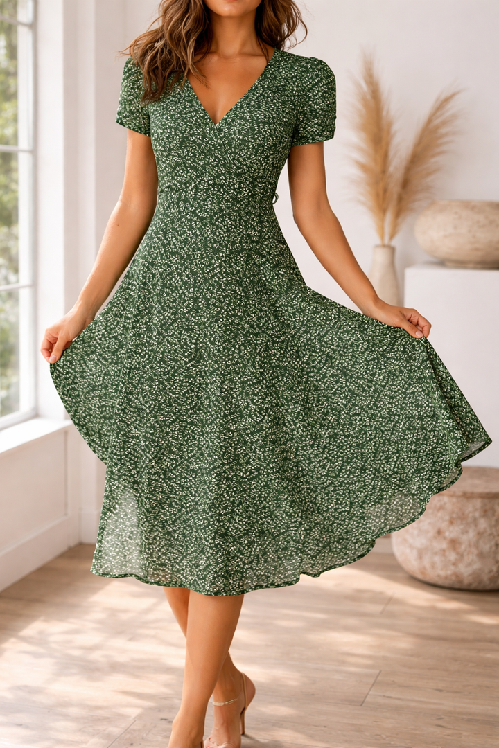 Women's versatile V-neck midi dress, fitted top, flowing skirt. Perfect for day wear or vacation outfits.