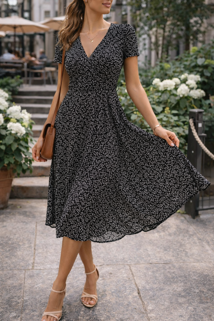 Printed women's V-neck midi dress with fitted bodice, short sleeves & flowing skirt. Perfect spring/summer fashion.