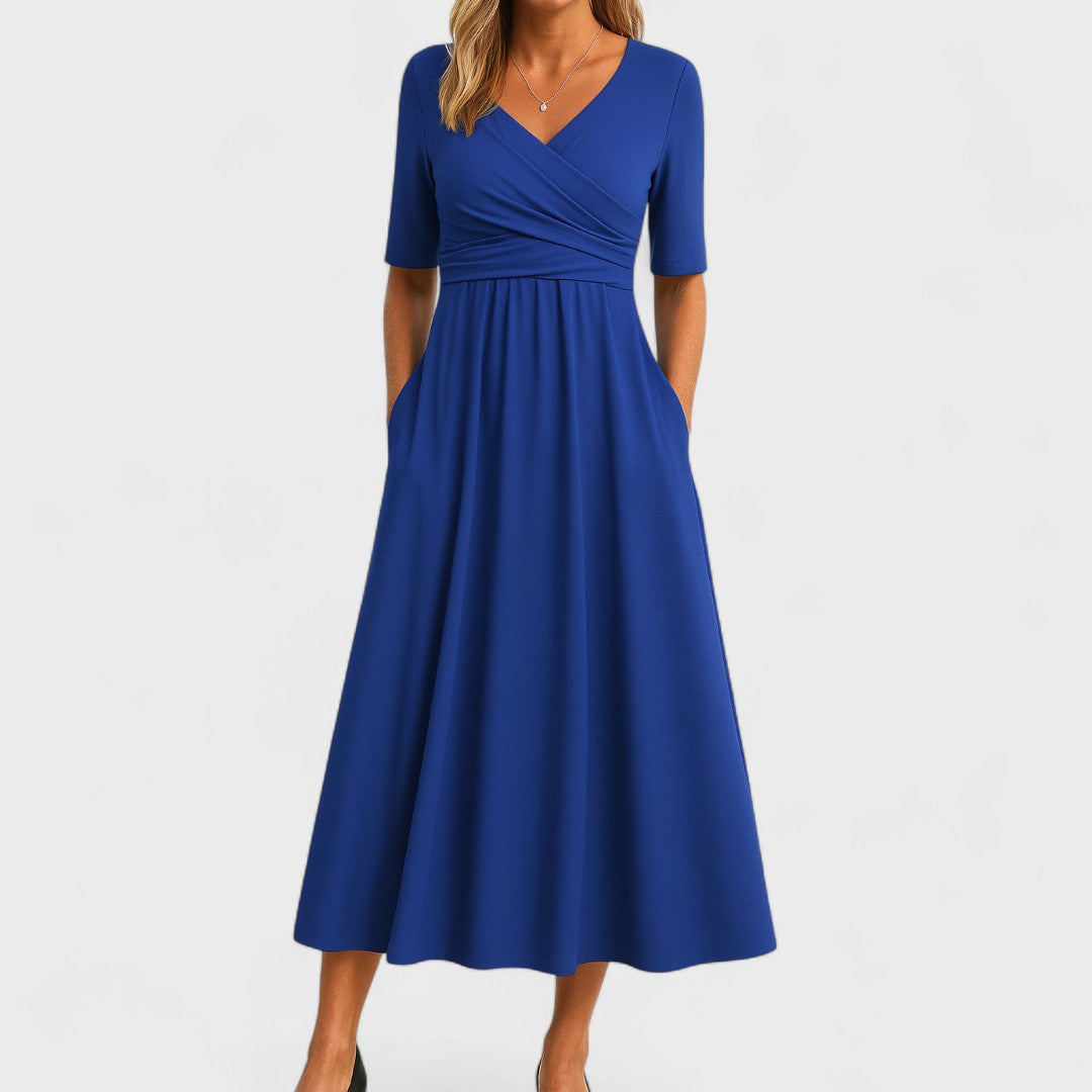 Stylish women's short-sleeve V-neck midi dress for elegant occasions, a must-have in women's fashion.
