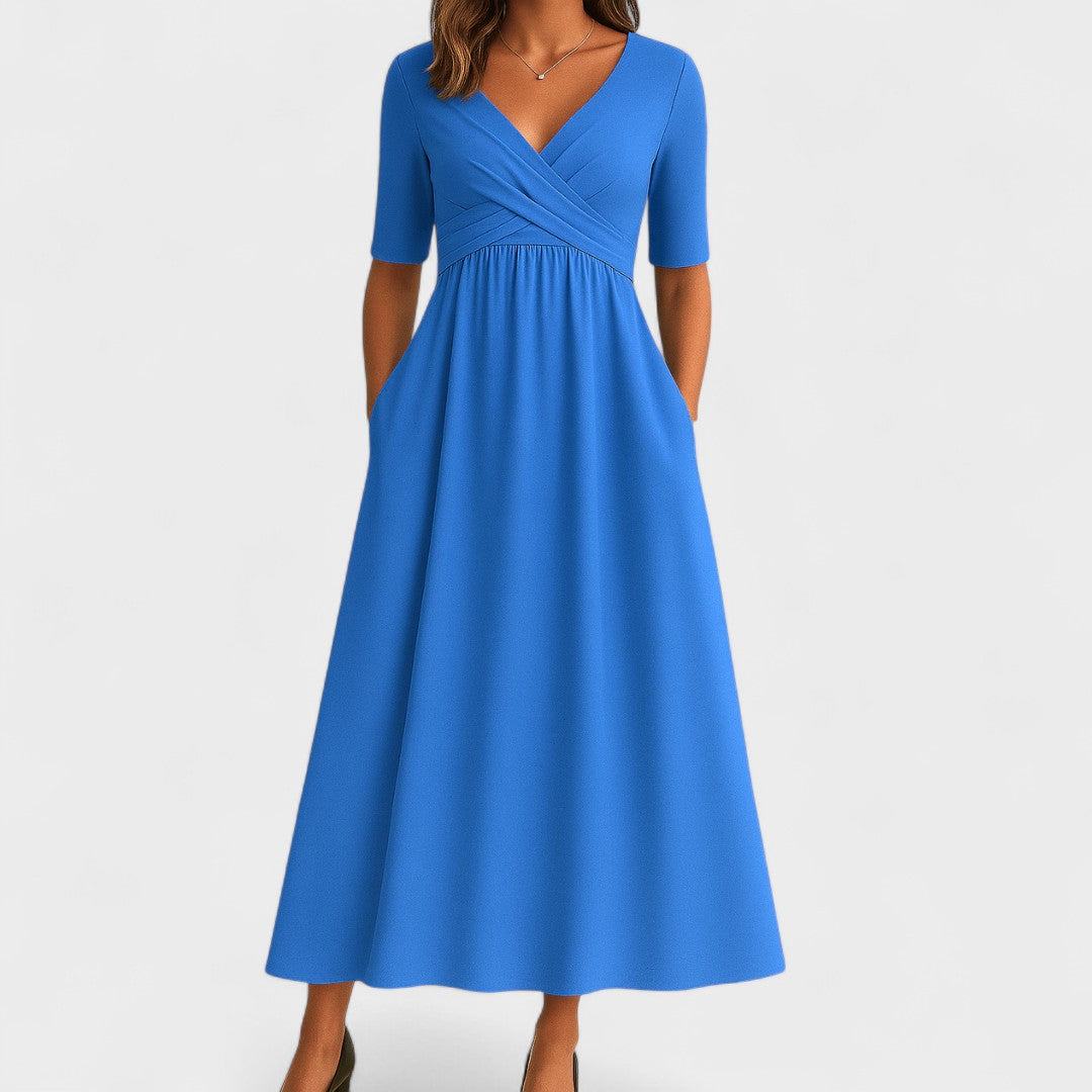 Versatile women's V-neck midi dress with short sleeves, suitable for elegant occasions & smart casual wear.