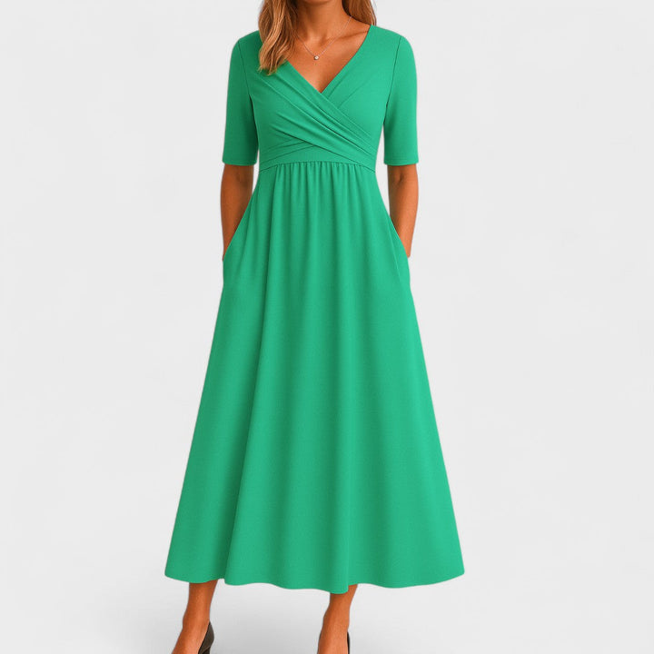 Chic women's short-sleeve V-neck midi dress, perfect for summer events, party wear, and elegant fashion.