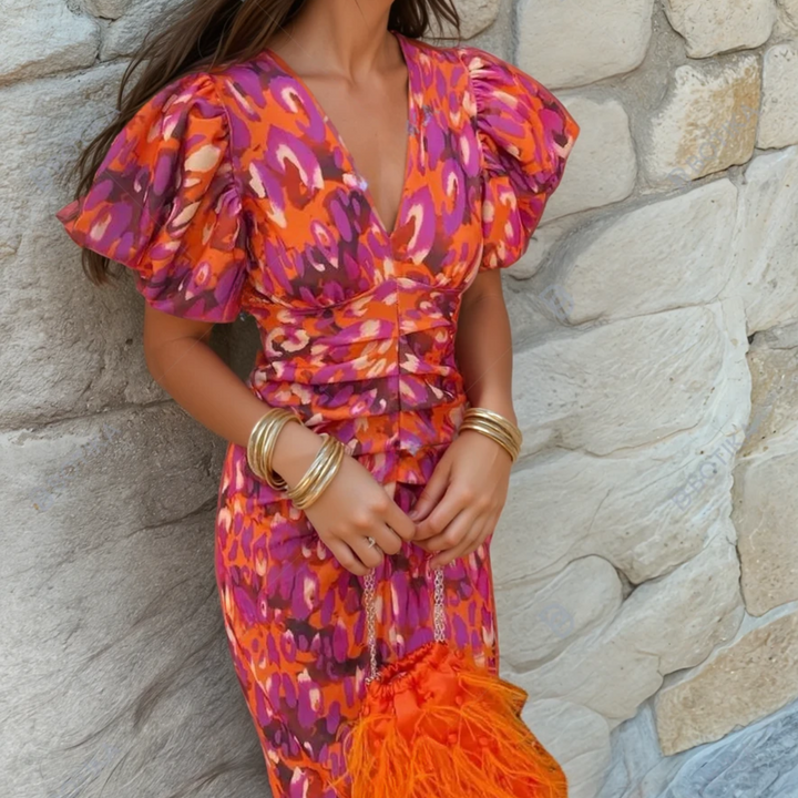 Women's V-neck midi wedding guest dress with puff sleeves & abstract print, elegant for special occasions.