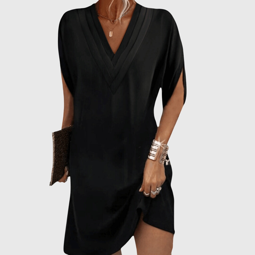 Women's V-neck mini dress with draped short sleeves, relaxed fit, perfect for summer casual chic.
