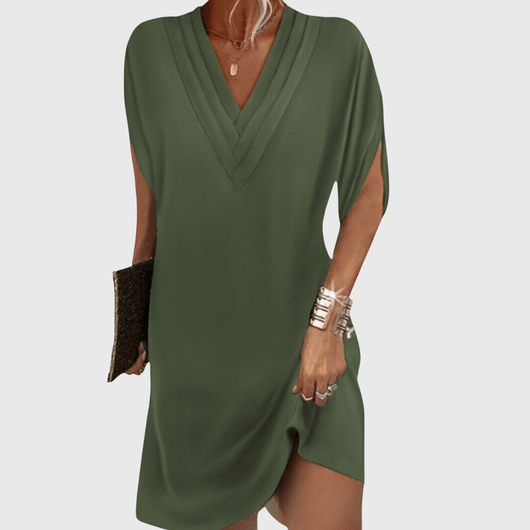 Comfortable women's draped mini dress, V-neck, short sleeve, ideal for summer vacation & beachwear.