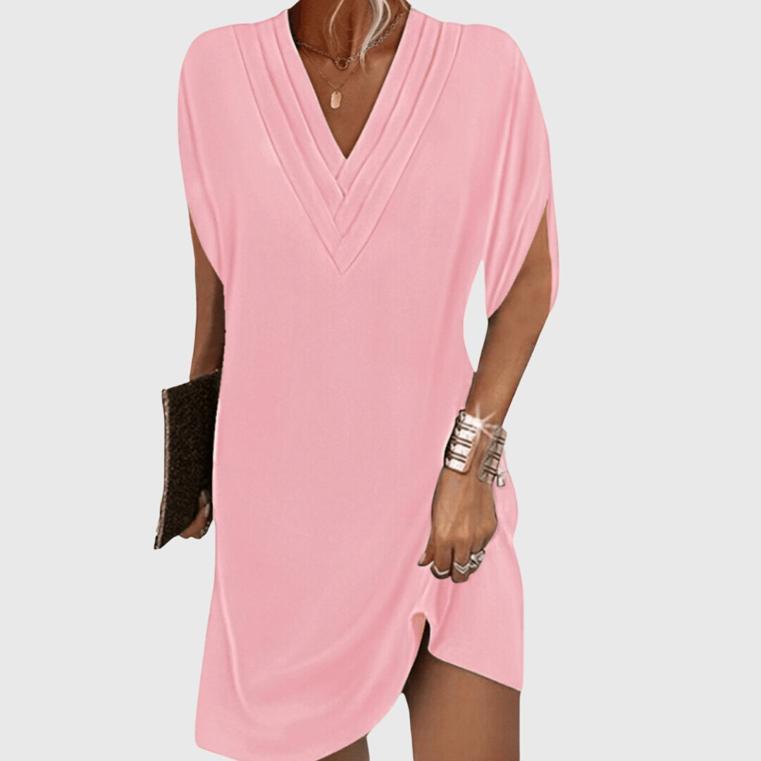 Chic women's cocoon style mini dress, V-neck, draped short sleeves, relaxed fit for everyday comfort.