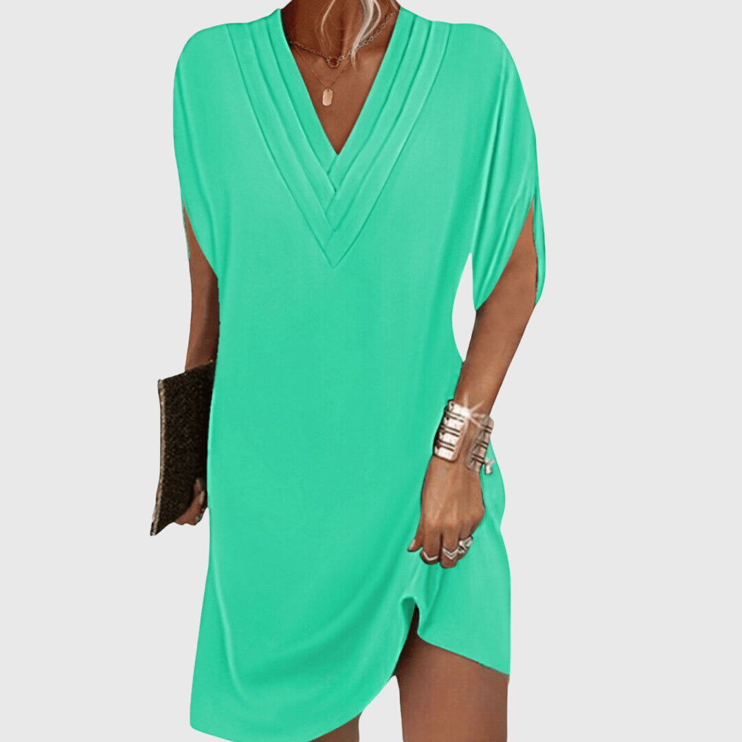 Effortless women's V-neck mini dress with elegant draped short sleeves & a relaxed, comfortable fit.