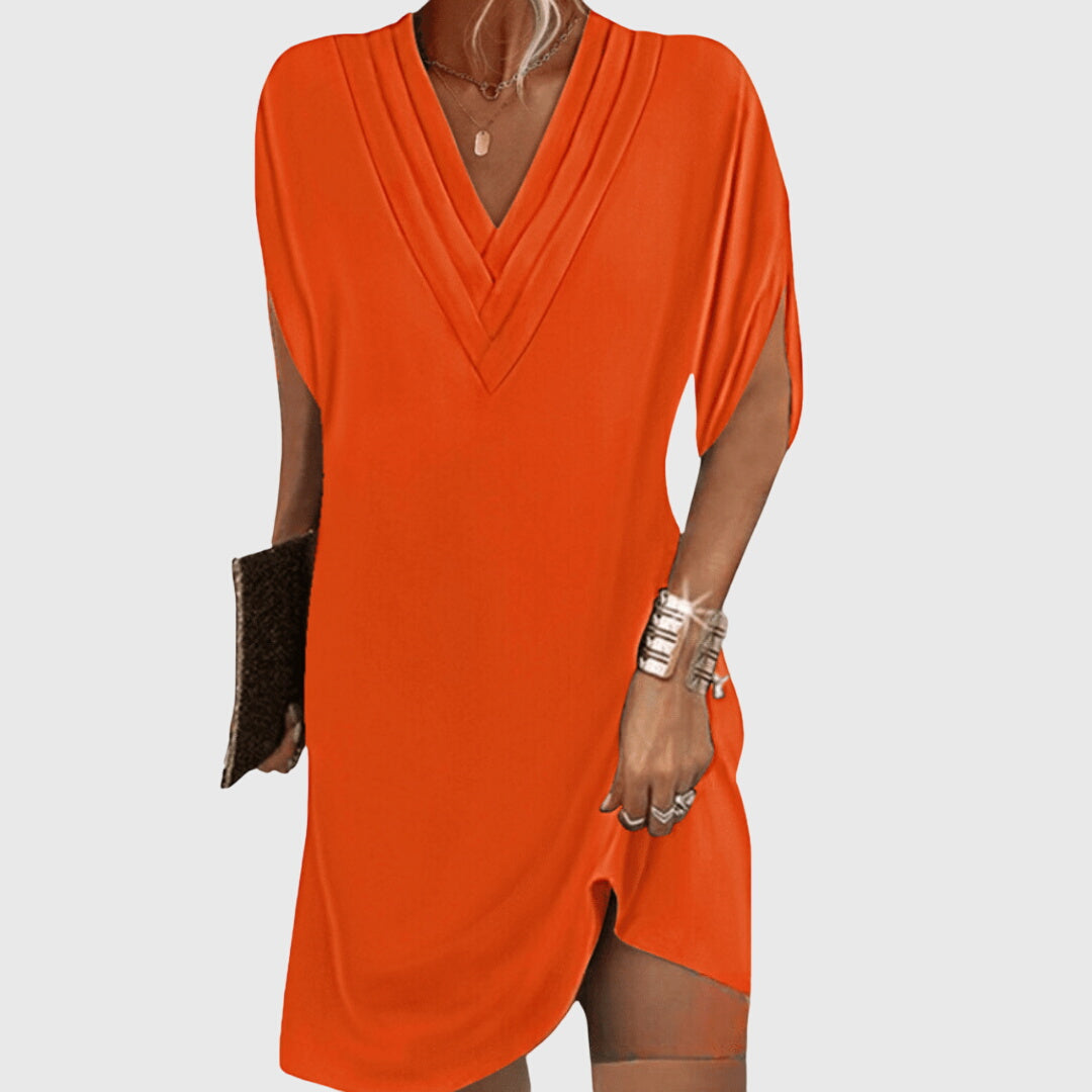 Casual women's V-neck mini dress, short draped sleeves, perfect for summer outings or beach days.