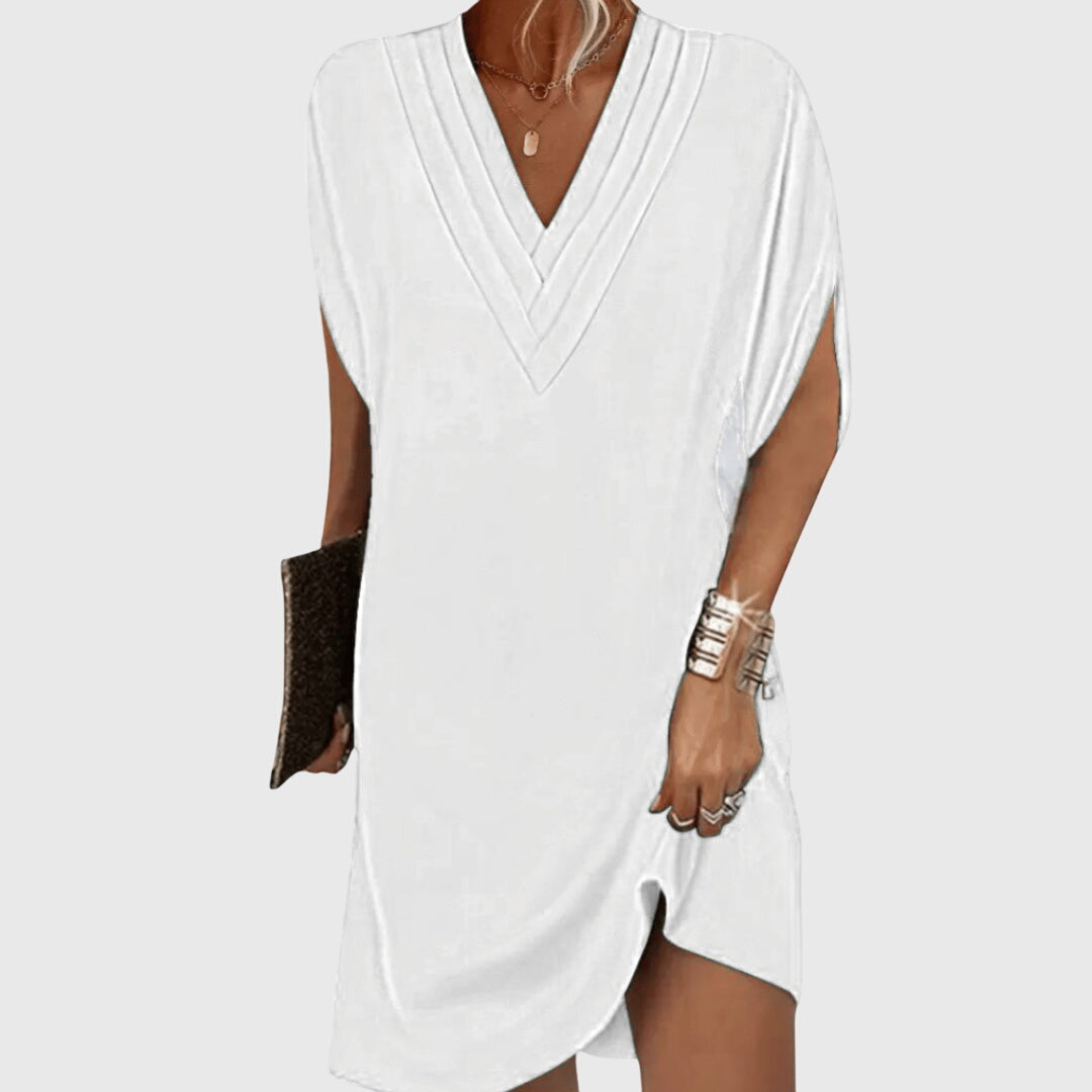 Stylish women's mini dress, V-neck, draped short sleeves, comfortable & chic for summer casual wear.