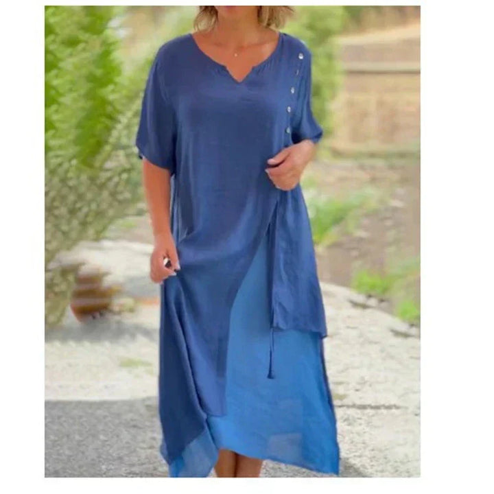 Flowy khaki layered midi dress for women, short sleeve V-neck, perfect for casual summer outings.