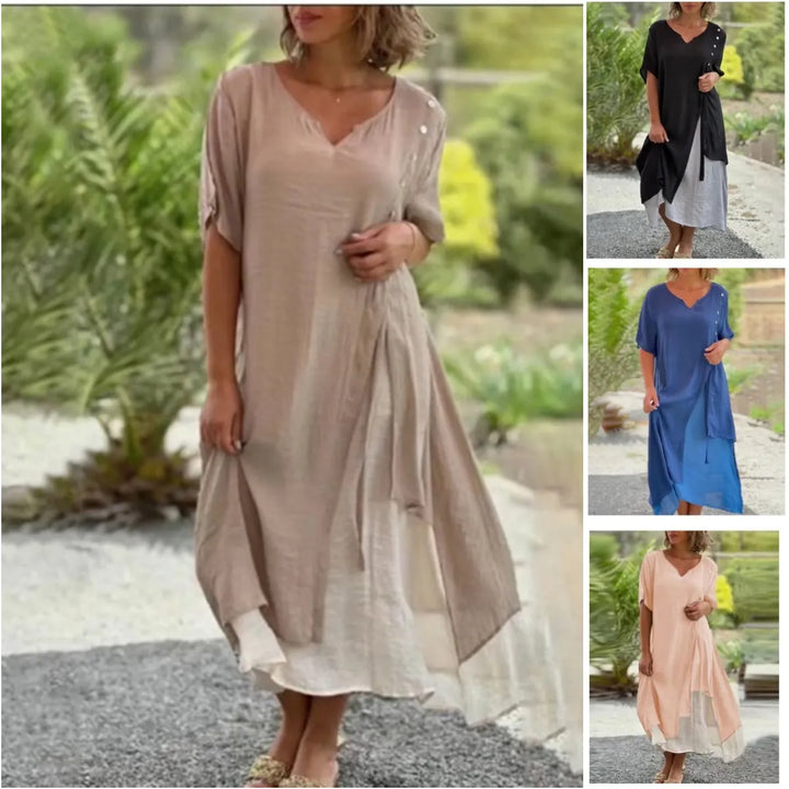 Pink V-neck short sleeve layered midi dress for women, elegant & flowy, ideal for summer style.