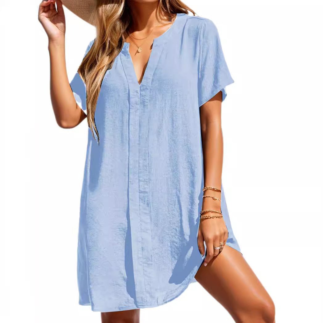 Effortless women's summer sundress. Perfect V-neck short sleeve tunic for beachwear.