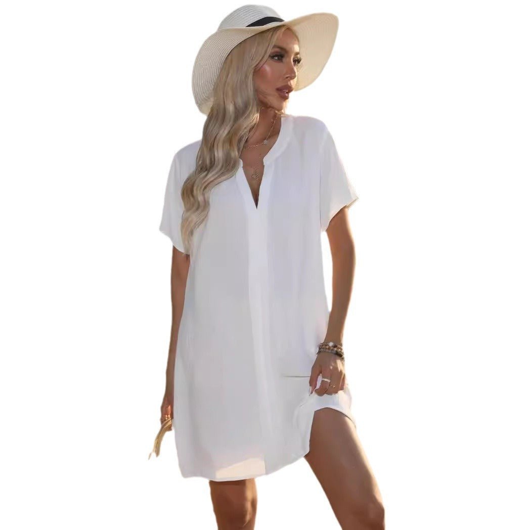 Relaxed fit women's shift sundress. Flattering V-neck & short sleeves for summer style.