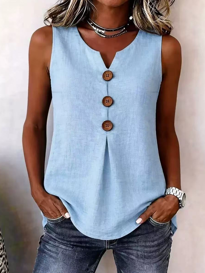 Women's V-neck sleeveless blouse with pleated front for effortless casual wear. Comfortable summer tank top.