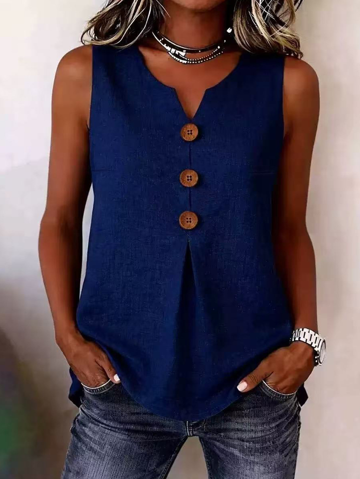 Elegant V-neck pleated front sleeveless top, perfect for women's summer fashion & everyday comfort.