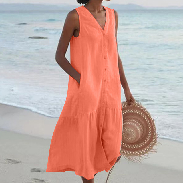 Versatile women's midi dress: sleeveless V-neck, button front, ruffle hem. Great for casual, daily, or beach wear.