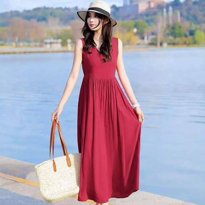 Women's V-neck tie waist maxi dress, ideal for elegant summer events or casual day wear.