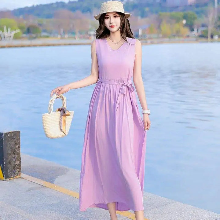 Stylish V-neck tie waist maxi dress for women, offering a comfortable and flattering silhouette.