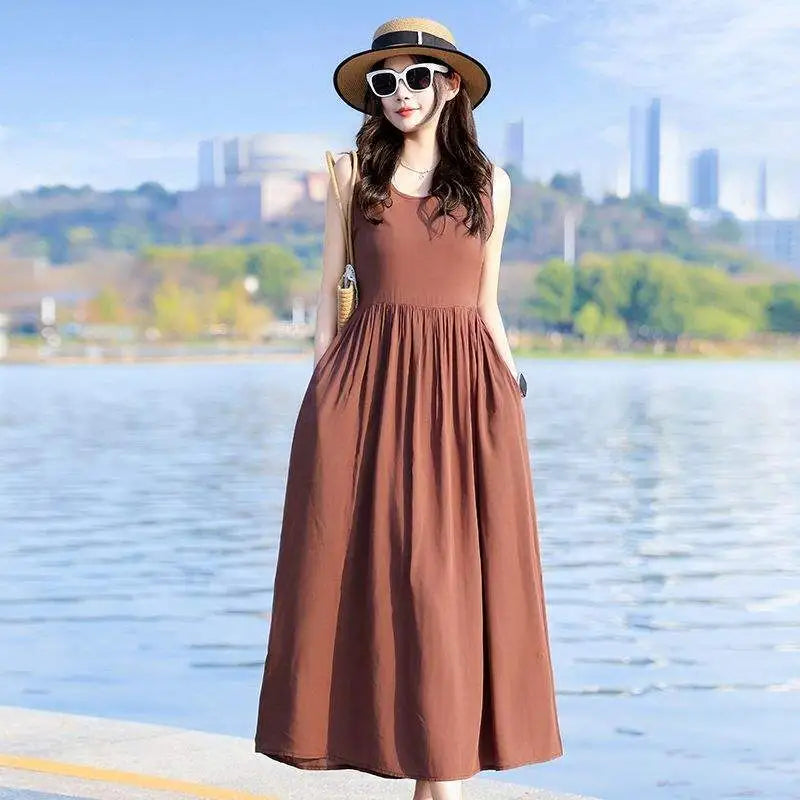Comfortable V-neck tie waist maxi dress, a chic and elegant summer outfit for women.