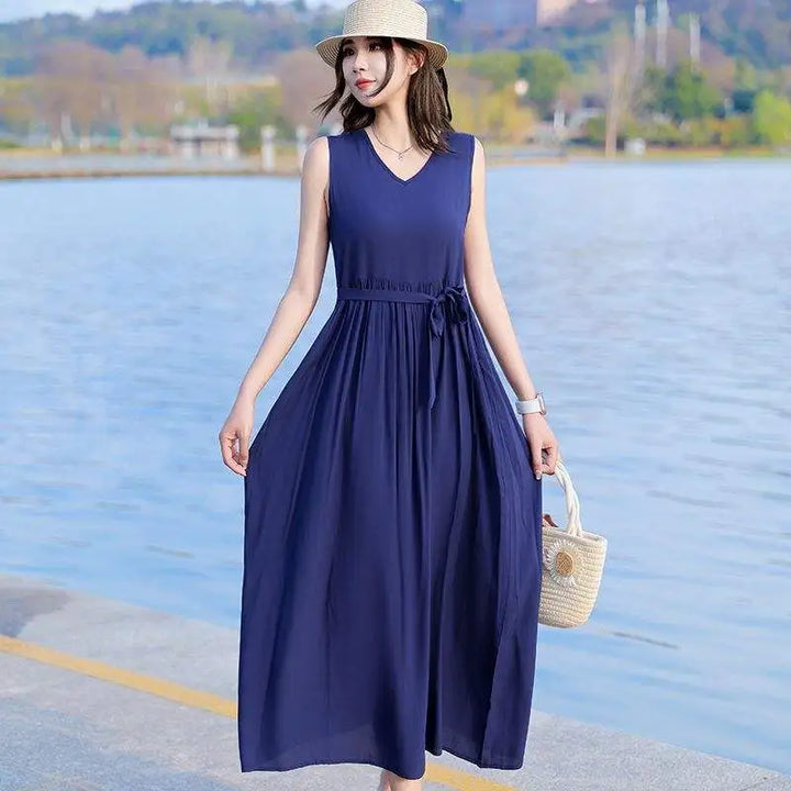 Versatile casual V-neck tie waist maxi dress, a women's fashion staple for summer holidays.