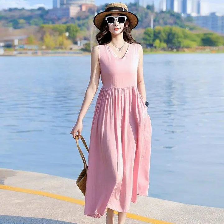 Lightweight summer V-neck tie waist maxi dress, perfect for warm days and vacation style.