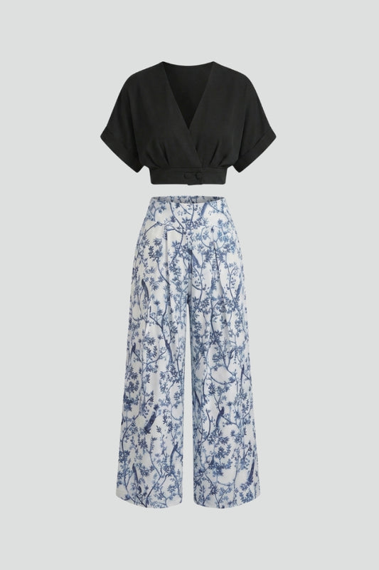 Women's V-Neck Top & Wide Leg Trousers Two-Piece Set, a stylish matching outfit.